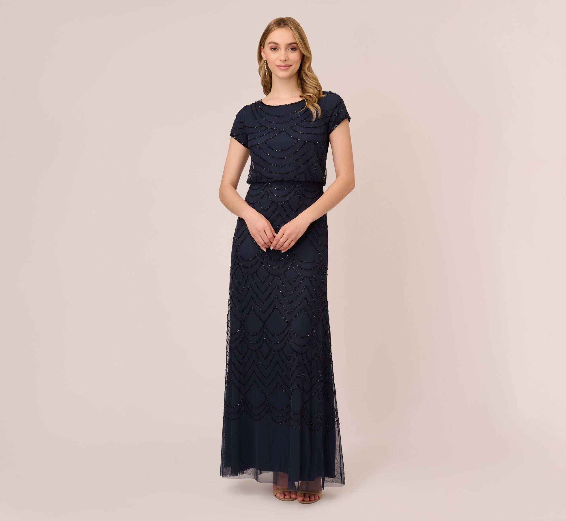 Short Sleeve Beaded Blouson Gown Black Navy | Adrianna Papell Womens Long  Dresses - Taryn Gillen
